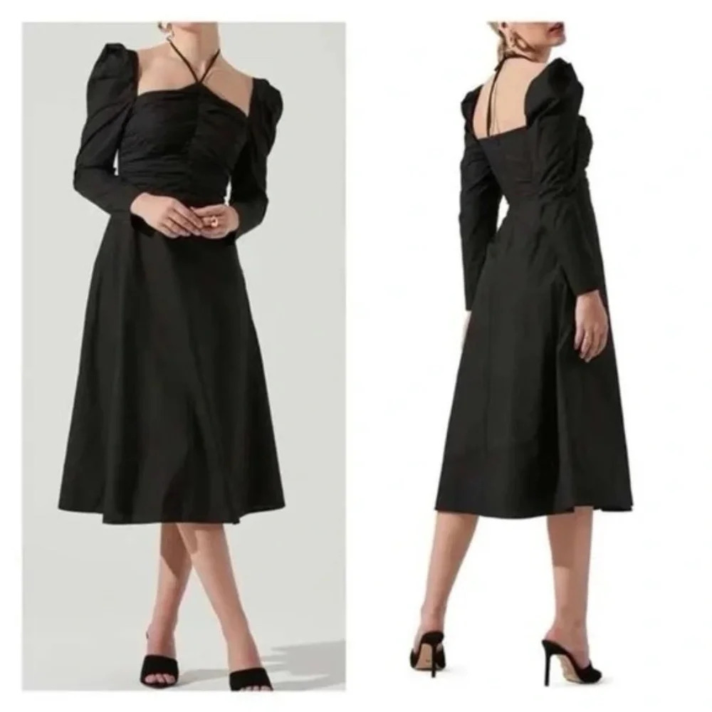 ASTR the Label Long Puff Sleeve Tie Neck Cotton Dress/Black, 16805